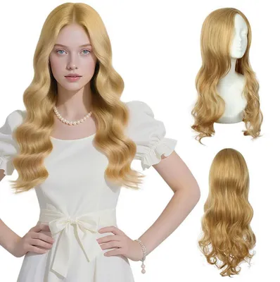 Zdjęcie produktu dla Peruka damska, długa, kręcona, jasnobłond, 66 cm, syntetyczna, odporna na ciepło, z siateczką pod perukę