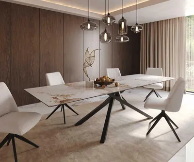 Produktbild von DELIFE Esstisch Edge 300x100 Keramik Minas Melange Weiß-Beige Kreuzgestell Rechteck Schwarz