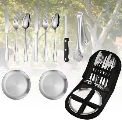 Produktbild von Unyqoos® Campingbesteck-Set – Edelstahl-Reisebesteck für 1–2 Personen, inkl. Gabeln, Löffel, Messer, Grillzange & Teller, kompakt mit Tragetasche, 850 g