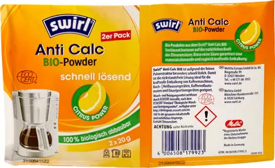 Produktbild von Swirl 179923 -Entkalker Zitronensäure 2x20g. für Kaffeemaschinen Wasserkocher