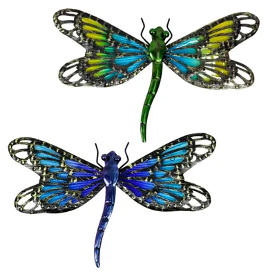 Produktbild von 2 Stück Metall-Libellen-Wanddekoration für den Außenbereich, Libelle, Wandkunst, Glas-Skulptur für Haus und Garten, Farbverlauf in Blau und Grün