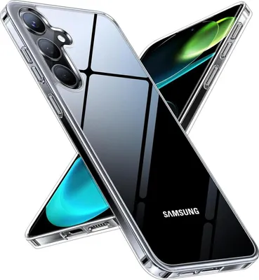 A clear protective case for a Samsung smartphone is shown at an angle.