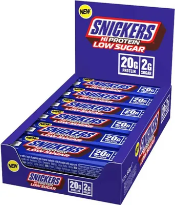 A box of Snickers Hi Protein Low Sugar bars.