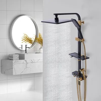 A modern bathroom with a sink, mirror, and a black and gold shower system with water running.