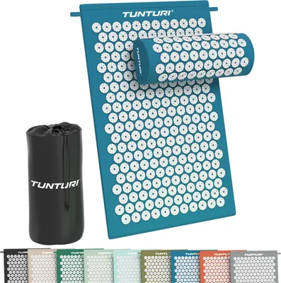 Produktbild von Tunturi Akupressurmatte mit Kissen - Akupunktur Matte - Stachelmatte für Rücken, Nacken, Fuße, Ganzkörper - 2in1 Nagelmatte Akupressurmatte - Anti Stress - 68x42x2cm - Petrol Blau
