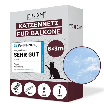 Produktbild von PiuPet® Katzennetz für Balkon I transparent I inklusive Montagematerial I Katzennetz | Katzenschutz Fenster I Katzen Balkonnetz I freie Sicht I 8x3m