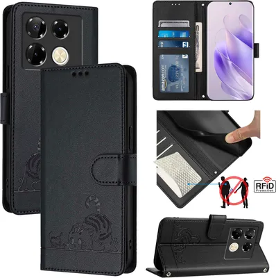 Produktbild von Leder Hülle für Infinix Note 40 Pro 4G Süße Katze Flip Case Brieftasche Schutzhülle mit Standfunktion Schwarz