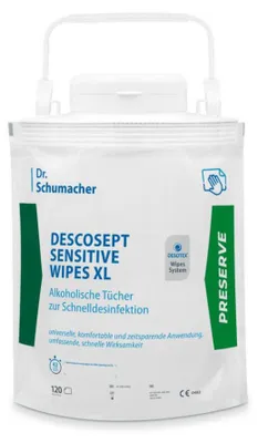 Produktbild von Dr. Schumacher Descosept Sensitive Wipes XL - Einweg Tuchspender | Spender (120 Tücher)
