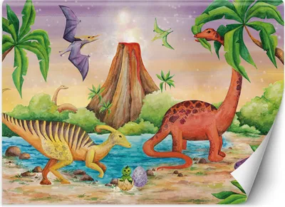 Zdjęcie produktu dla Fototapeta filzelinowa dla dzieci Dinozaury nad jeziorem 150x105 cm Feeby Pomarańczowy klej w zestawie  łatwa w montażu