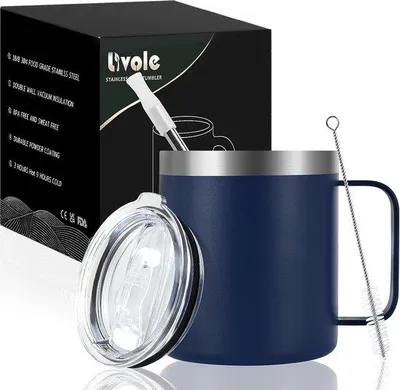 Produktbild von Famanu Campingbecher 350 ml - Marineblau, mit Deckel und Strohhalm