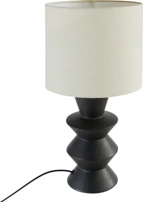 A black table lamp with a cream-colored lampshade, shown against a white background.