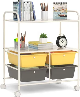 Produktbild von Aufbewahrungswagen mit Rollen, 4 abnehmbare Schubladen, Servierwagen mit offenen Regalen, Metallstruktur, Organizer für Büro, Schlafzimmer, Badezimmer (gelb)