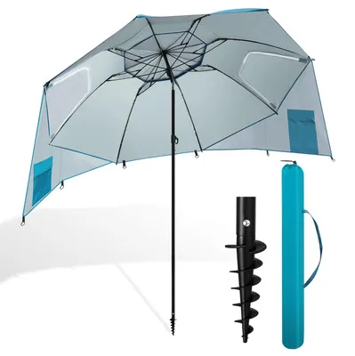 Zdjęcie produktu dla Parasol plażowy Vigevee z spiralnym kotwicą do piasku, 210 cm, ochrona przeciwsłoneczna UPF 50+, wodoodporny, z regulacją wysokości, idealny na plażę, kemping i do ogrodu, kolor błękitny