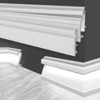 Produktbild von MARBET DESIGN LED Sockelleisten weiß HDPS Kunststoff - 2 Meter Fußleisten Profil indirekte Beleuchtung Fußbodenleisten Abschlussleisten Boden Leisten (HF-3 109x22 mm, Musterstück)