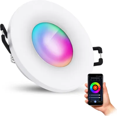 A smart LED downlight with a colorful light display is shown, along with a hand holding a smartphone displaying a color selection app.
