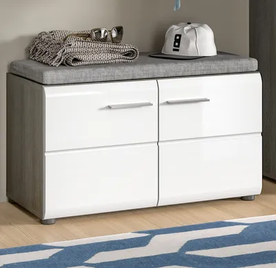 Produktbild von Garderobe Sitzbank "Rumba" weiß Hochglanz und grau Garderobenbank 80 cm mit Sitzkissen