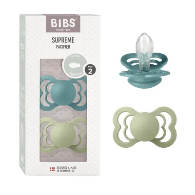 Image de Sucettes BIBS Supreme, lot de 2, sans BPA, tétine symétrique. Silicone, fabriquées au Danemark. Taille 2 (6-18 mois), Island Sea / Sage