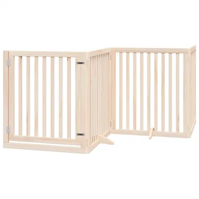 A wooden dog gate with multiple panels and a door, set against a white background.