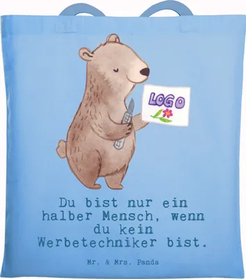 Produktbild von Mr. & Mrs. Panda umhängebeutel Werbetechniker Herz - Sky Blue - Geschenk, Tote Bag, Jutebeutel, Tragetasche, Tasche, Laptoptasche, Einkaufstasche