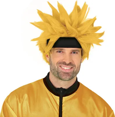 Produktbild von Ninja Anime Perücke Karneval Manga Cosplay Asiatisch Erwachsene Gelb Fantasie Haar Teil Mit Stirnband Stylisch Fasching Kostüm Mut Legendär, Farbe: Gelb
