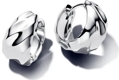A pair of silver hoop earrings with a rippled texture, presented on a white background.