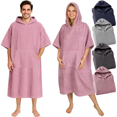 Produktbild von Frottee Badeponcho Damen Herren - Strandponcho 100% Baumwolle Surf Poncho Erwachsene Handtuch Kapuze Bade Surfponcho Bademantel Altrose S/M