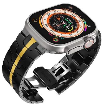 Produktbild von FFO2World Edelstahl Ultra Band Schwarz/Gold für Apple Watch 42 44 45 46&49mm - Luxus Metallarmband mit Butterflyschließe