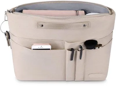 Produktbild von Reise-Organizer – Beige Nylon-Insert mit 15 Fächern, Schnalle & Schlüsselhaken – Leichtes wasserdichtes Innenfutter – Geeignet für Reise-Taschen, Make-up & Reisezwecke