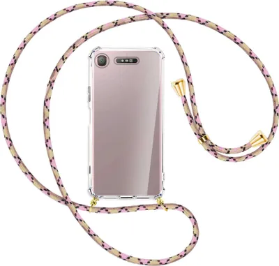 Produktbild von Handykette Backcover-Schutzhülle mit Band (Metall goldfarben) für Sony Xperia XZ1 - rosa Karo