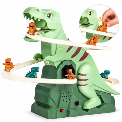 Produktbild von Dinosaurier Spielzeug mit elektrischer Rutschbahn, 5 Dinosaurier Autos zum Zusammenbauen, Licht und Musik, Lernspielzeug für Kinder
