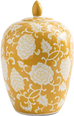 Imagen del producto de Vaso chino con tapa, de porcelana, con motivos florales. Jarra china para jengibre, vaso chino con tapa, de cerámica. Ideal para la decoración del hogar. Color amarillo