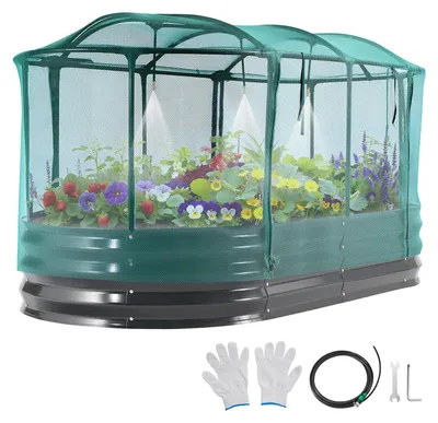 Produktbild von VEVOR Hochbeet 180x90x30 cm, Ovales Gartenbeet mit Bewässerungssystem & Netzabdeckung, Pflanzkasten-Set für den Außenbereich, Blumenbeet, Pflanzbeet,Geeignet für Blumen, Obst & Gemüse, Dunkelgrau
