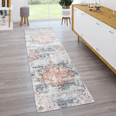 Image de Tapis salon à poils courts vintage moderne style oriental abstrait rouge jaune dimensions 60 x 100 cm