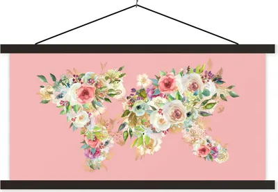 Produktbild von MuchoWow® Textilposter Weltkarte - Blumen - Blätter 150x75 cm mit schwarzem Rahmen - Posterleiste