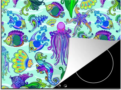 Produktbild von KitchenYeah© Herdabdeckplatte Tiere - Regenbogen - Fische - Muster , 71x52cm, Küche Deko, Glaskeramikkochfeld Herdabdeckung, Abdeckplatte fùr Kochfeld