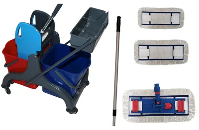 Produktbild von CleanSV® Wischset Kunststoff, Laschenmop 50 cm Lamo, Ablage, Reinigungswagen 2 x 18 Liter Eimer, Presse, Deichsel, 1 Laschenmop Halter Lamo, 3 x Laschenmop Baumwolle, Teleskopstiehl