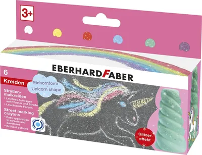 Produktbild von Eberhard Faber 526560 - Straßenmalkreiden mit Glitzereffekt, in 6 leuchtenden Farben und Einhornform, für bunten Malspaß auf Asphalt und Gehwegen
