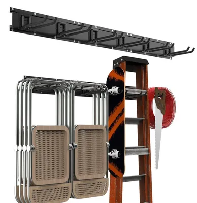 Zdjęcie produktu dla Uchwyt ścienny do garażu, 121 cm, metalowy, z 3 szynami i 6 haczykami, półka na narzędzia, czarny