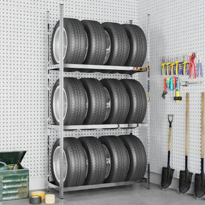 Productafbeelding van Zilverkleurig bandenrek van staal met 3 niveaus, 110 x 40 x 200 cm