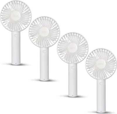 Produktbild von Eaxus Mini Handventilatoren airX 800 mAh 4er-Set mit 3 Geschwindigkeiten, wiederaufladbarem Akku,  inkl. USB-C-Ladekabel + Standfuß, weiß