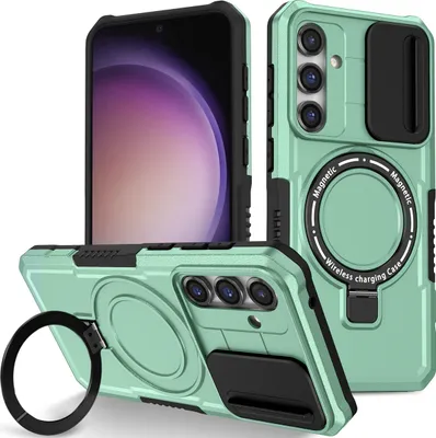 Produktbild von Handyhülle für Samsung Galaxy S23 FE Kompatibel mit MagSafe, Robuste Hülle mit Schiebe Kamera Schutz, Magnetischer Ringständer Grün