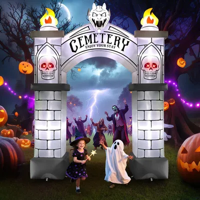 Obrázek produktu pro Nafukovací dekorace na Halloween s motivem ďáblova oblouku a lebkami, vhodná pro zahradu a venkovní prostory