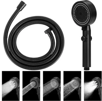 Produktbild von Unyqoos® Wassersparende Handbrause mit 5 Strahlarten, Stoppknopf & 2 m Edelstahlschlauch mit Messinganschlüssen, matt schwarz, verchromtes ABS