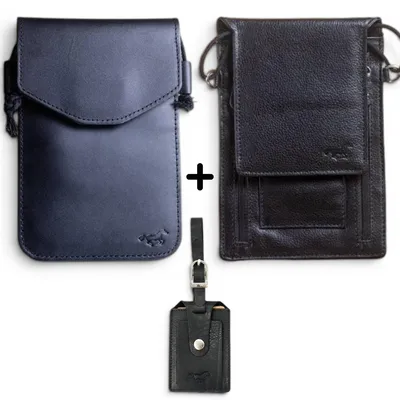 Produktbild von SafeKeepers Luxus-Reiseset (3-teilig) – 2x Leder-Brustbeutel und 1x Privacy-Kofferanhänger – Echtes Leder – Schwarz