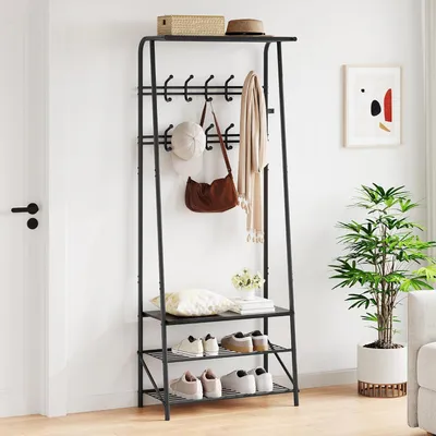 Produktbild von Garderobe mit Sitzbank 4-in-1, Schuhregal, Kleiderstange, Schwarz
