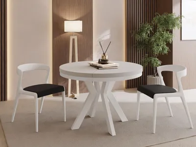 Produktbild von Runder Esstisch Ausziehbar 80-130 cm – Verlängerbar, für 4-6 Personen mit Weißen Holzbeinen & Metallring – Tisch für Wohnzimmer & Esszimmer in Kaschmir