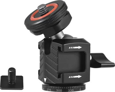 Produktbild von Multifunktionaler Mini-Kugelkopf 360 ¡ã drehbarer Kugelkopfadapter aus Aluminiumlegierung, Stativkopf, 1/4-Zoll-Schraube und Blitzschuhanschluss mit zweiseitigen Blitzschuhhalterungen fuer DSLR-Kamera, LED-Videolicht, Mikrofon