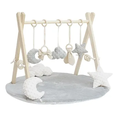 Produktbild von LuMali Baby Gym mit 8 Spielzeugen & Matte , Spielbogen Klappbar 41x58x49 cm Naturholz , Baby Spielzeug, , Holzspielzeug anhänger , Montessori,  Spieltrapez, Grau