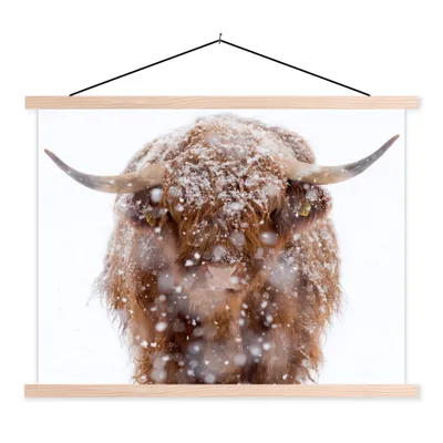 Produktbild von MuchoWow® Textilposter Schottischer Highlander - Hörner - Schnee 40x30 cm mit holzfarbenen Rahmen - Bilder