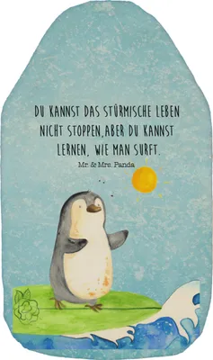 Produktbild von Mr. & Mrs. Panda Wärmekissen Pinguin Surfer - Eisblau - Geschenk, Wärmflaschen mit Bezug, Urlaub, Optimistisch, Surfen, wärmflasche naturkautschuk, Pinguine, Flauschige